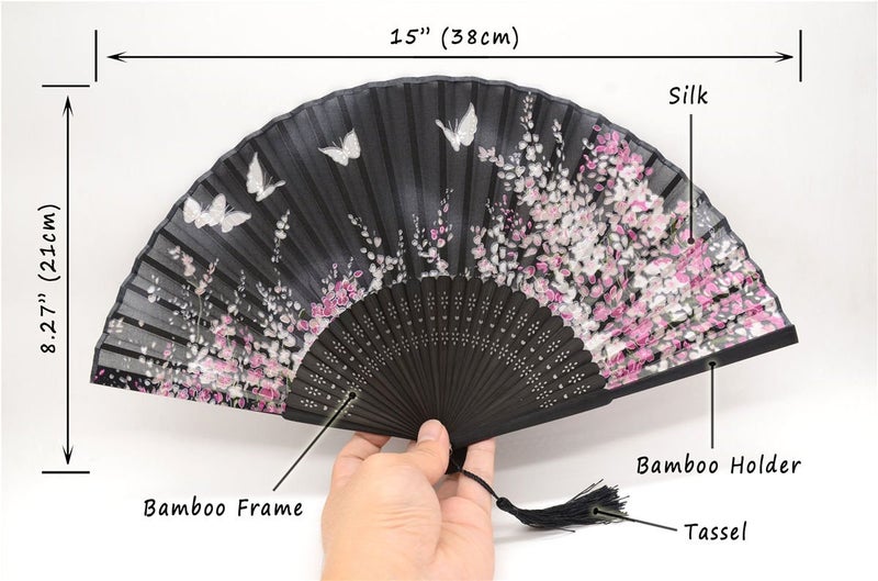 OMyTea Folding Hand Held Fan for Women Sakura Chinese/Japanese Vintage Retro Style - with a Fabric Sleeve for Protection (WZS-Black) - Image 2